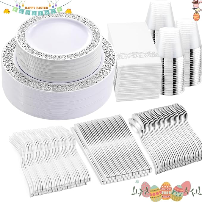 WELLIFE 350pcs Silver Party Dinnerware Set for 50 Guests, Silver Wedding Plates Disposable Heavy Duty, Including :50 Dinner Plates, 50 Dessert Plates, 50 Cups, 50 Napkins, 50 Sliver Silverware Set