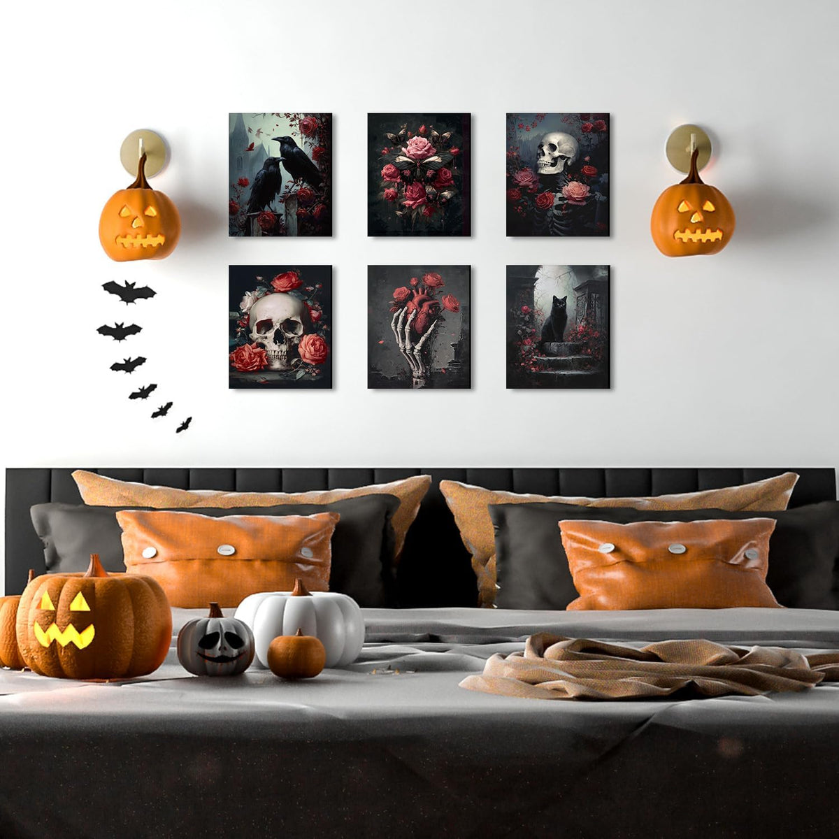 HPNIUB Vintage Skull Halloween Floral Framed Canvas Wall Art, Set Of 6 Piece ...