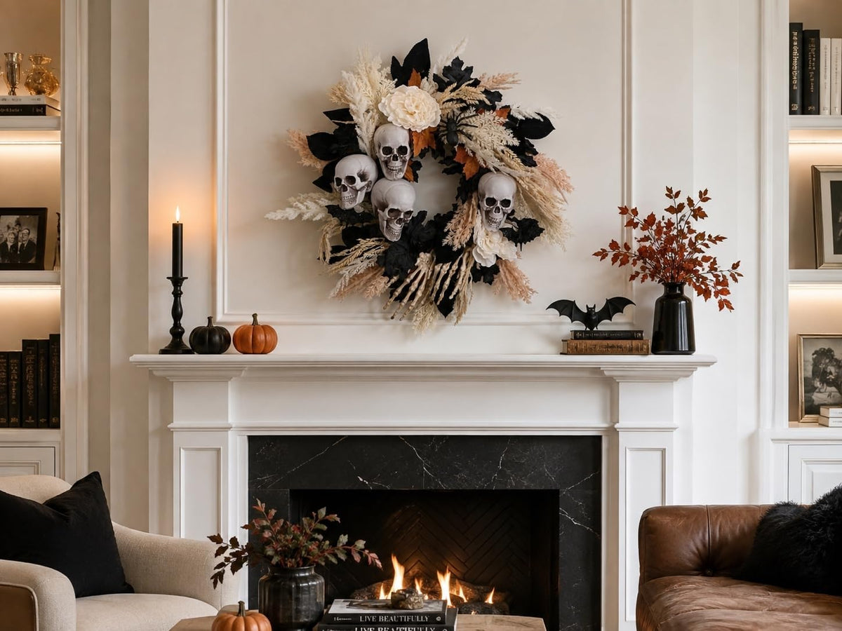 24" Halloween Wreath for Front Door with Artificial Skulls, Wheat, Maple...