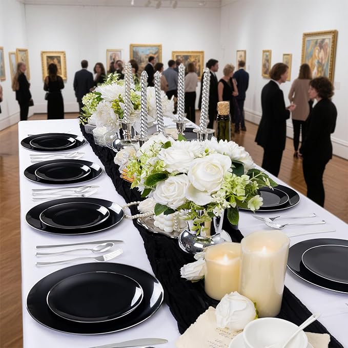 bUCLA 100PCS Black Plastic Plates - Heavy Duty Black Disposable with Silver Rim Include 50 Each (10 inch Dinner & 7 inch Dessert) Plates, Ideal for Party & Halloween