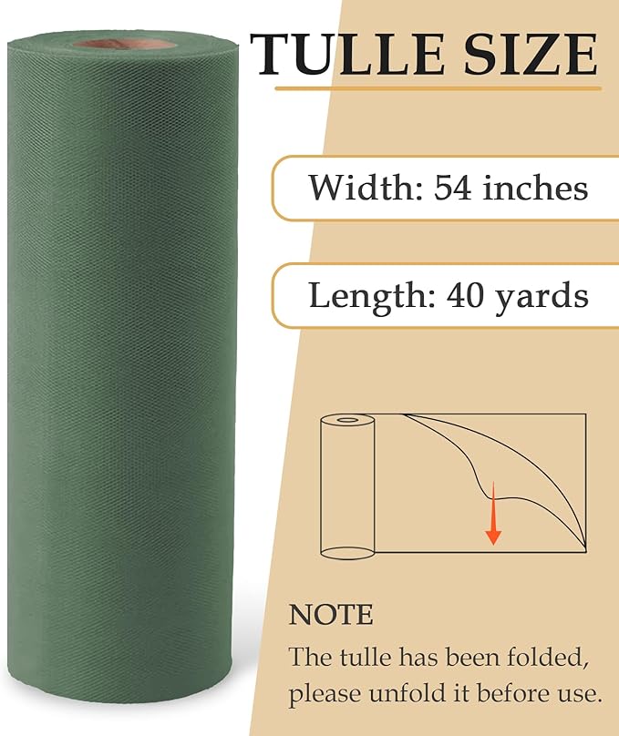 Sage Green Tulle Fabric Roll, 54" x 40 Yards (120FT) Tulle for Wedding Decoration DIY Tutu Party Backdrop Baby Shower Table Skirts Gift Wrapping