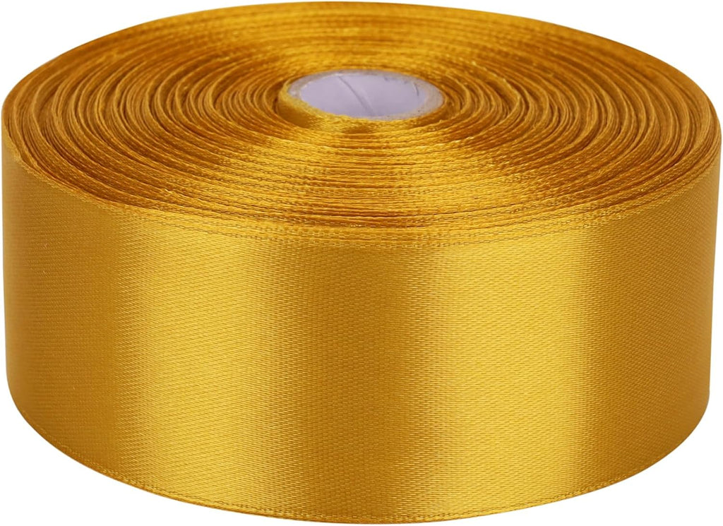 1-1/2 inch Golden Satin Ribbon 50 Yards Solid Fabric Ribbons Roll for Wedding Invitations, Bridal Bouquets, Sewing, Party Decorations, Gift Wrapping and More