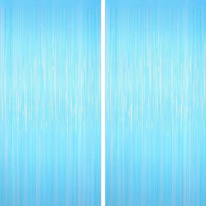 Macaron Light Blue Tinsel Backdrop Foil Fringe Curtains, 2Pack Fringe Backdrop for Birthday Door Decorations, Wedding Baby Shower, Party Supplies for Bachelorette, Graduation, Christmas, Disco Decor