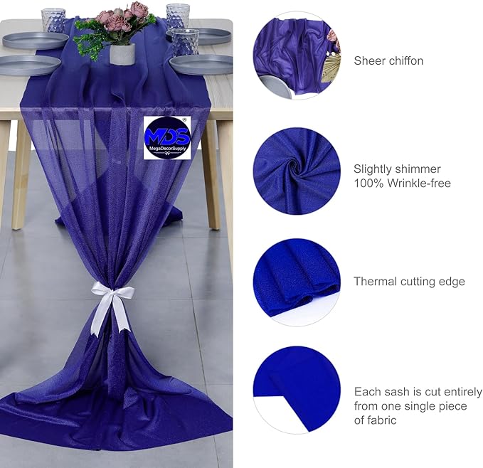 MDS 5 Pack 10ft Chiffon Table Runner 29 x 120 Inches Sheer Wedding Runner Romantic Rustic Table Runner for Wedding Decorations, Birthday Parties, Bridal Shower Party Arch Decor - Royal Blue