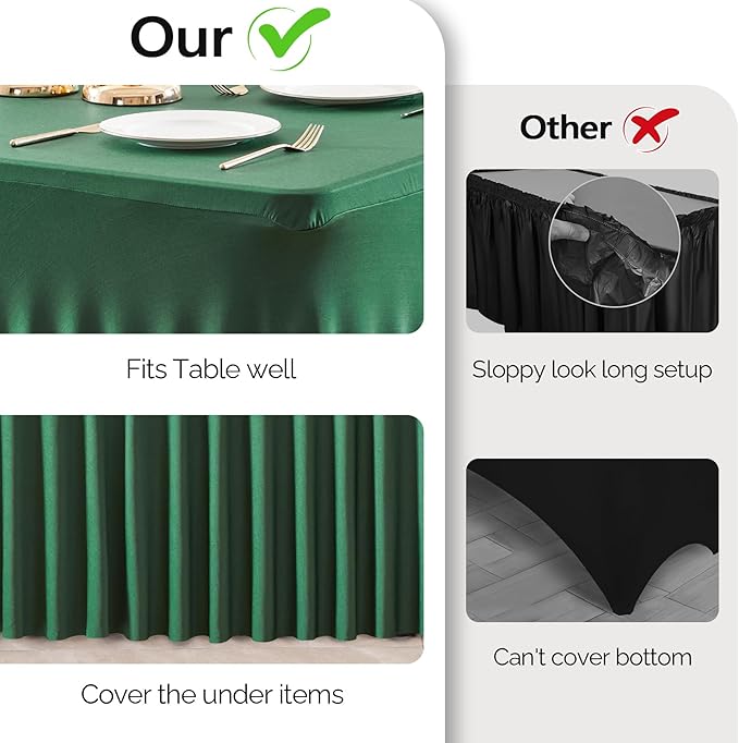 Wish Care 2 Pack Hunter Green Stretch Spandex Table Clothes for 6 Foot Rectangle Tables, 6FT Wrinkle Free Fitted Tablecloths Ruffles Design Table Cover for Party, Banquet, Wedding and Events