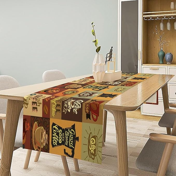 Coffee Table Runner,Vintage Style Coffee Beans Cups Theme Design Pattern Print Tablecloth Burlap for Hotel Indoors Outdoor Dining Room Kitchen Holiday Party, 13x70in
