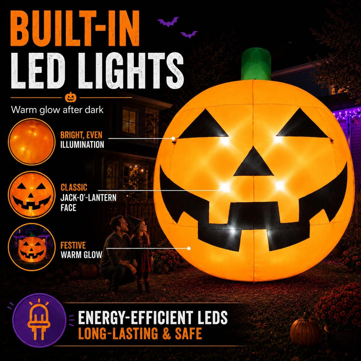 11ft giant halloween inflatable pumpkin with led lights, close-up detail