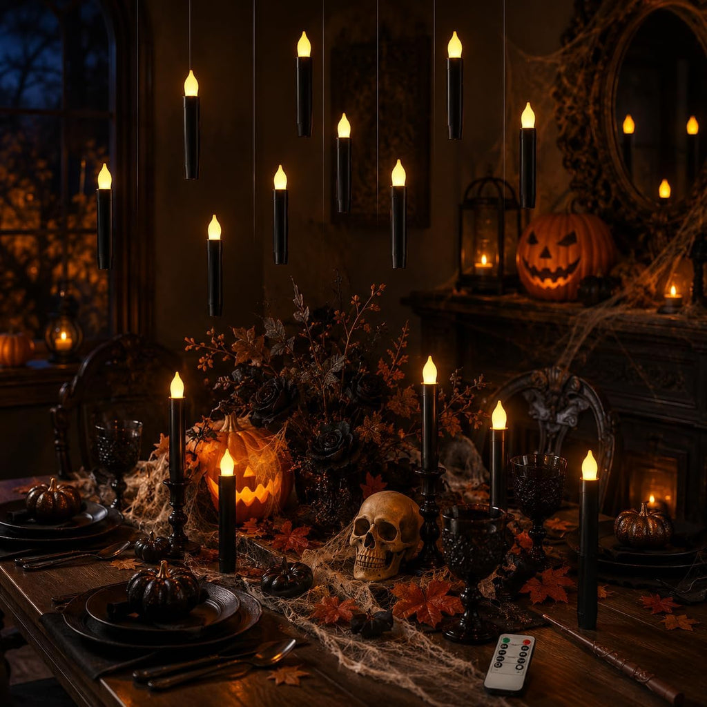 Lezonic 12Pcs Floating Candles with Wand and Remote, Magic Black Flameless Candles Battery Operated, Flikering Hanging LED Taper Candlesticks Halloween Decorations, 0.8" x 6"