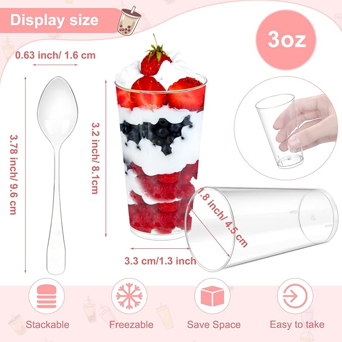 CHENGU 3 oz Clear Plastic Mini Dessert Cups with Spoons - Round Parfait Appetizer Cups, Shot Glasses, Disposable Tall Tumbler for Dessert Tasting Party supplies (200 Pieces)