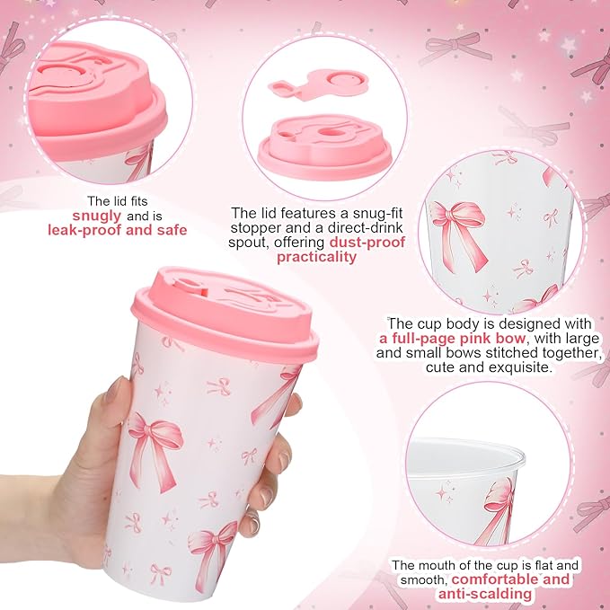 Yungyan 36 Sets Pink Bow Party Favors Goodie Cups with Lids and Straws for Birthday Coquette Party Decorations Reusable 16oz Plastic Candy Cups Plastic Straws for Christmas Decor(Pink Bow)