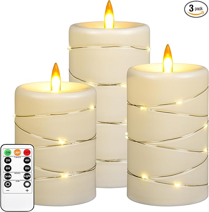Upinmz Flickering Flameless LED Candles with String Lights, Remote Control and Timer - 3 Pack Ivory White Acrylic