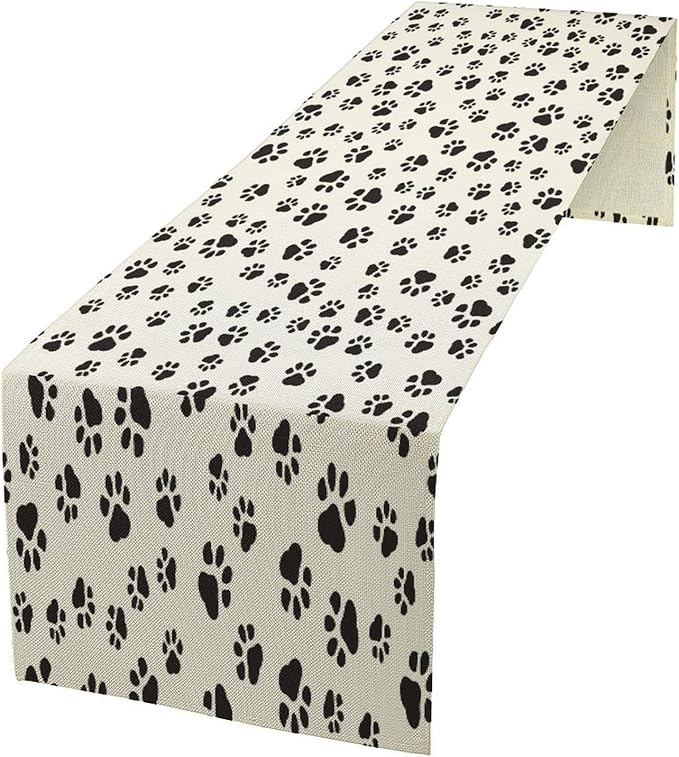 Dog Paws Table Runner,Cartoon Cute Black White Animal Footprints Abstract Tablecloth Burlap for Hotel Indoors Outdoor Dining Room Kitchen Home Decor,W13X L60 in