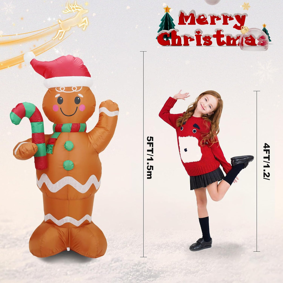 5FT H Lovely Christmas Inflatable Gingerbread Man with Candy Cane, Blow up Gi...