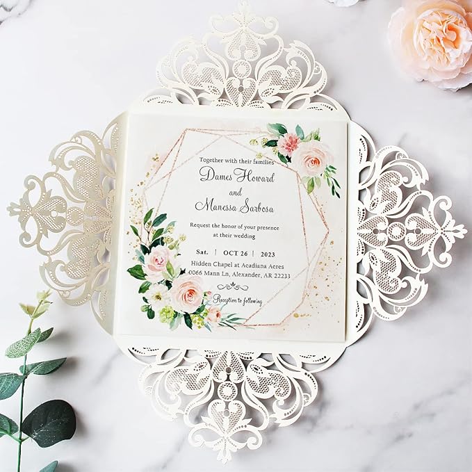 Hosmsua 6.3 x 6.3 Inch 50PCS Silver Glitter Laser Cut Hollow Lace Rose Wedding invitation Cards with Envelopes Wedding invitations for Anniversary Invite (Silver Glitter)