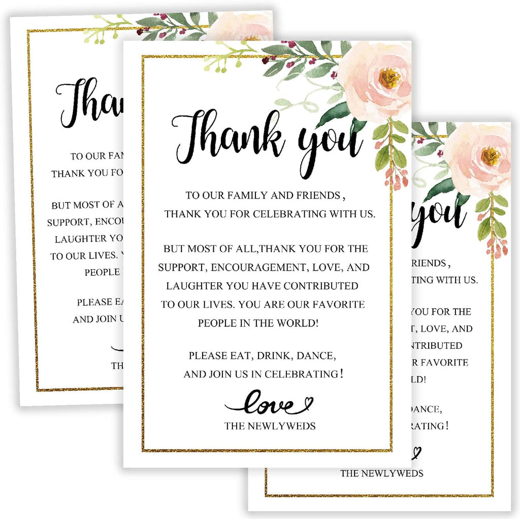 Floral Wedding Thank You Place Setting Cards, Wedding Favors for Guests, Print to Add to Your Table Centerpieces and Decorations, 4 x 6 Inch, Pack of 50