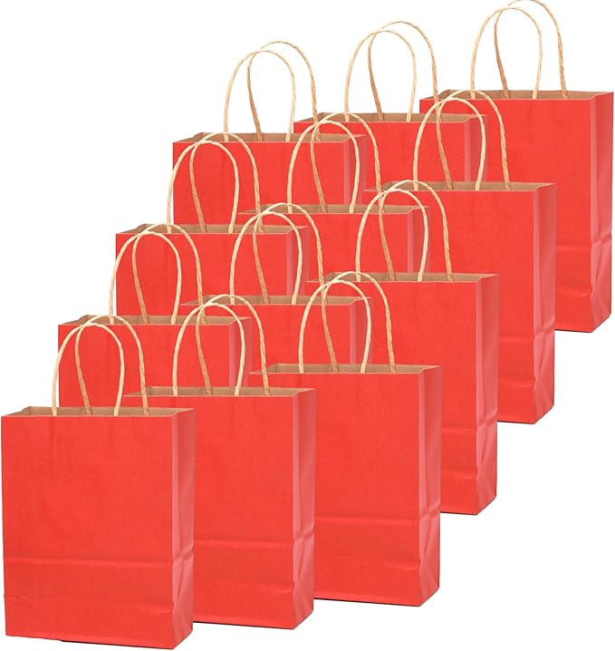 qiqee 50-Packs Kraft Red Paper Gift Bags with Handles Bulk 11"x8.3"x4.3" Medium Size Paper Bags Multiple Uses