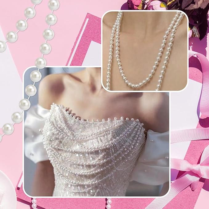 59 Feet 8mm Pearl Strings Garland for Crafts, Artificial Pearl Beaded Trim Chain Roll Strands for Wedding Centerpieces Bouquet Party Decoration Christmas Tree Garland, White