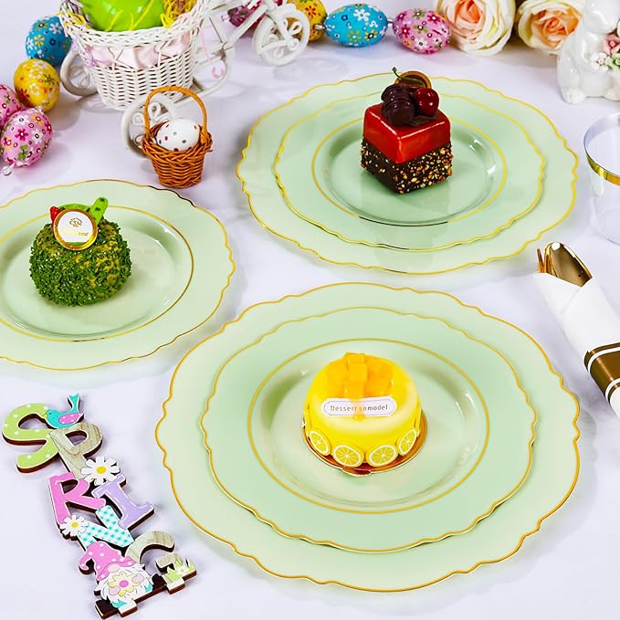 Liacere 350PCS Light Green Plates - Disposable Green and Gold Plastic Plates 50guest Baroque Dinnerware include 100Plates,50Pack Pre Rolled Napkins with Silverware 50Cups for Mother's Day