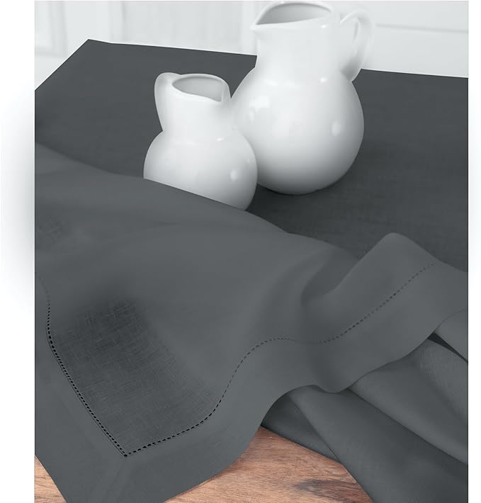 Solino Home Linen Hemstitch Table Runner 60 Inches - 100% Pure Linen Dark Grey Table Runner 14 x 60 Inch Ideal for Dresser and Coffee Tables - Classic Hemstitch - Thanksgiving