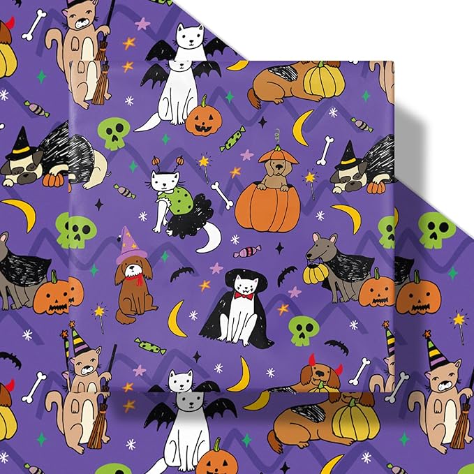 LeZakaa Halloween Purple Animal Wrapping Paper Roll, Cat Dog in Halloween Costumes, Pumpkins Bats Skulls Cheer, for Pet Lovers, Kids, Trick-or-Treat Party Decor, Mini Roll 17 in x 16.4 Ft