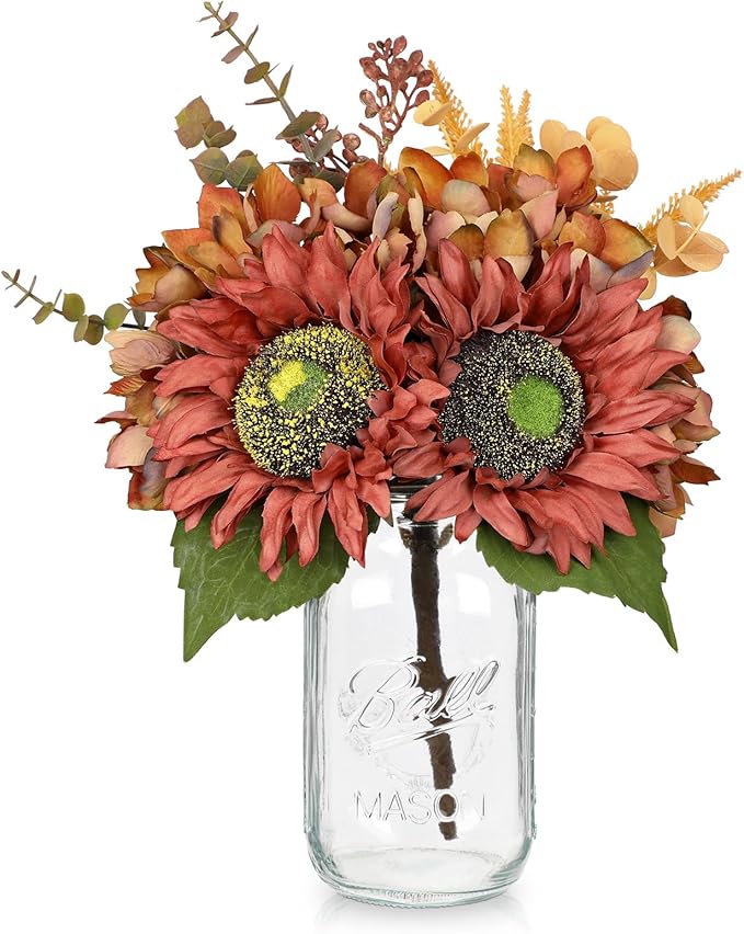 Silk Sunflowers Artificial Flowers with Mason Jar Centerpiece for Table Orange Red Fall Flowers in Vase Fall Floral Arrangement with Vase Thanksgiving Centerpiece for Dining Room Table Autumn Decor
