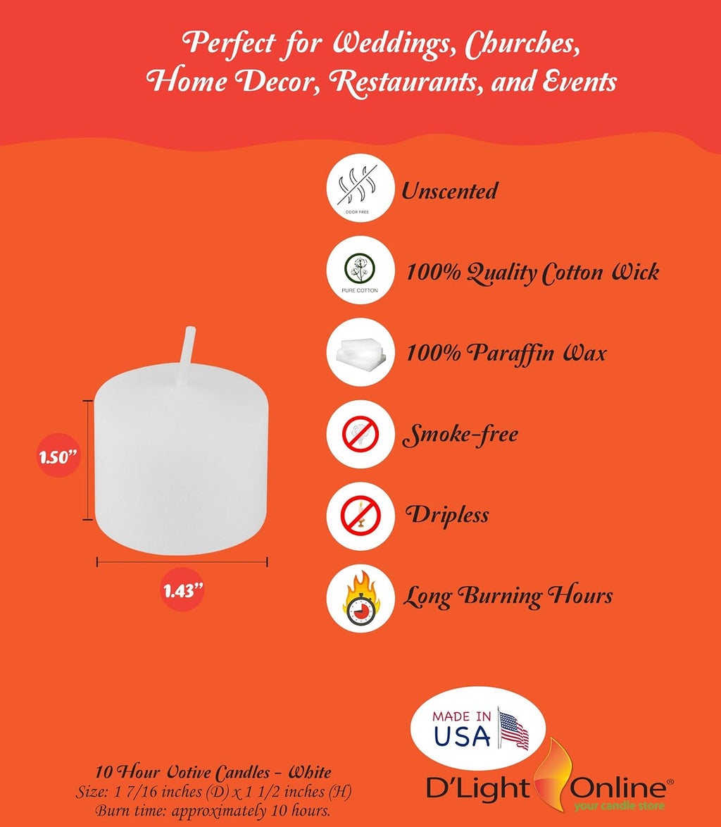 D'light Online Long 10 Hour Burn Time Unscented Votive Candles - Small Candles for Birthdays, Baby Shower, Home Decoration, Restaurants and Weddings (White, 10 Hour - Set of 12)
