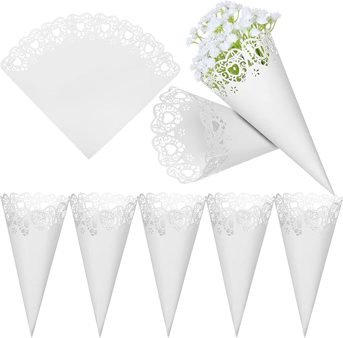 GWHOLE 100 Pcs Wedding Confetti Cones, Heart Paper Petal Cone for Wedding Party, White