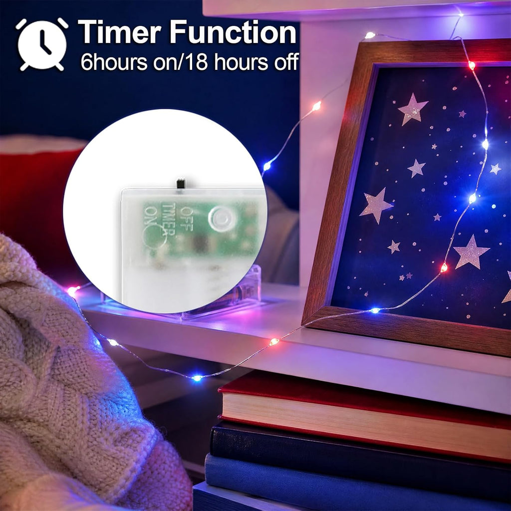 4th of July Patriotic Decorations, Red White Blue Fairy String Lights, Battery Operated with Timer, 2 Pack Total 33FT 100 Led Mini Battery Powered Mason Jar Firefly Lights DIY Party Memorial Day