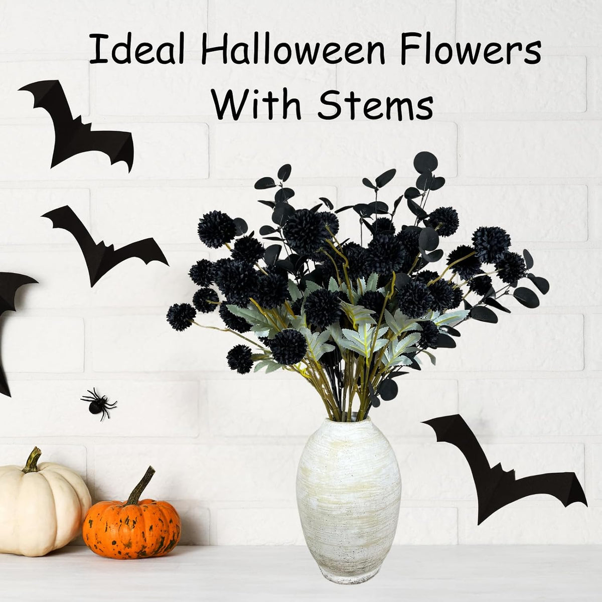 12 Black Artificial Flowers & Eucalyptus Long Stems, Halloween Decor