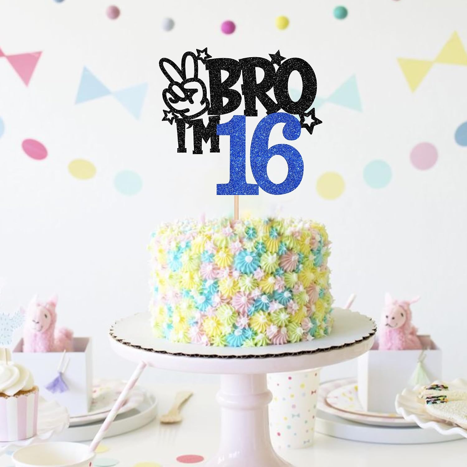 1 PCS Brother I'm 16 Cake Topper Glitter Star Happy 16th Birthday Cake Pick Bro I'm 16 Cake Decoration It's My 16th Birthday Decorations for Boys Cheers to 16 Years Old Birthday Party Supplies Blue