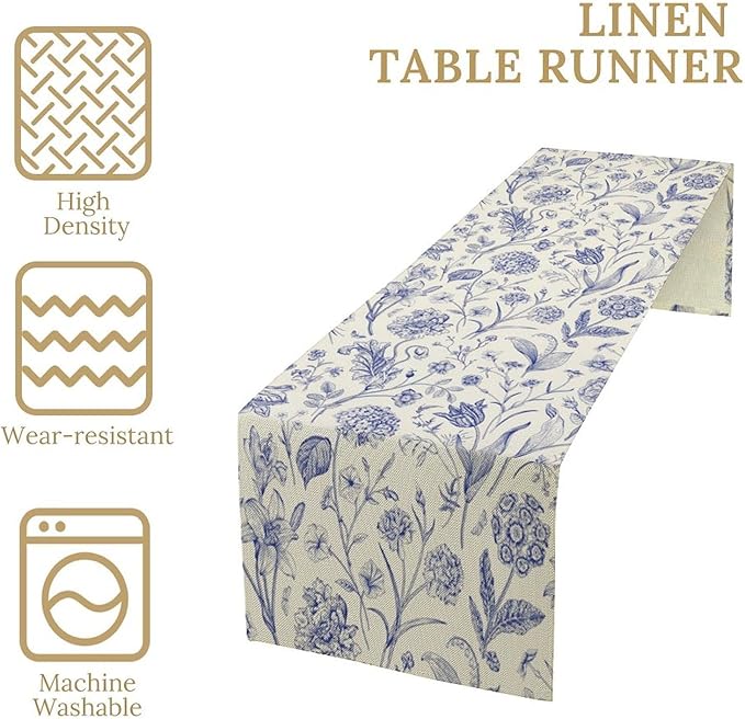 Monochrome Sketch Flowers Table Runner, Seasonal Spring Fall Plants Blue Florals Dinner Runner for Home Kitchen Dining Table Party Holiday Decoration 13"x70"