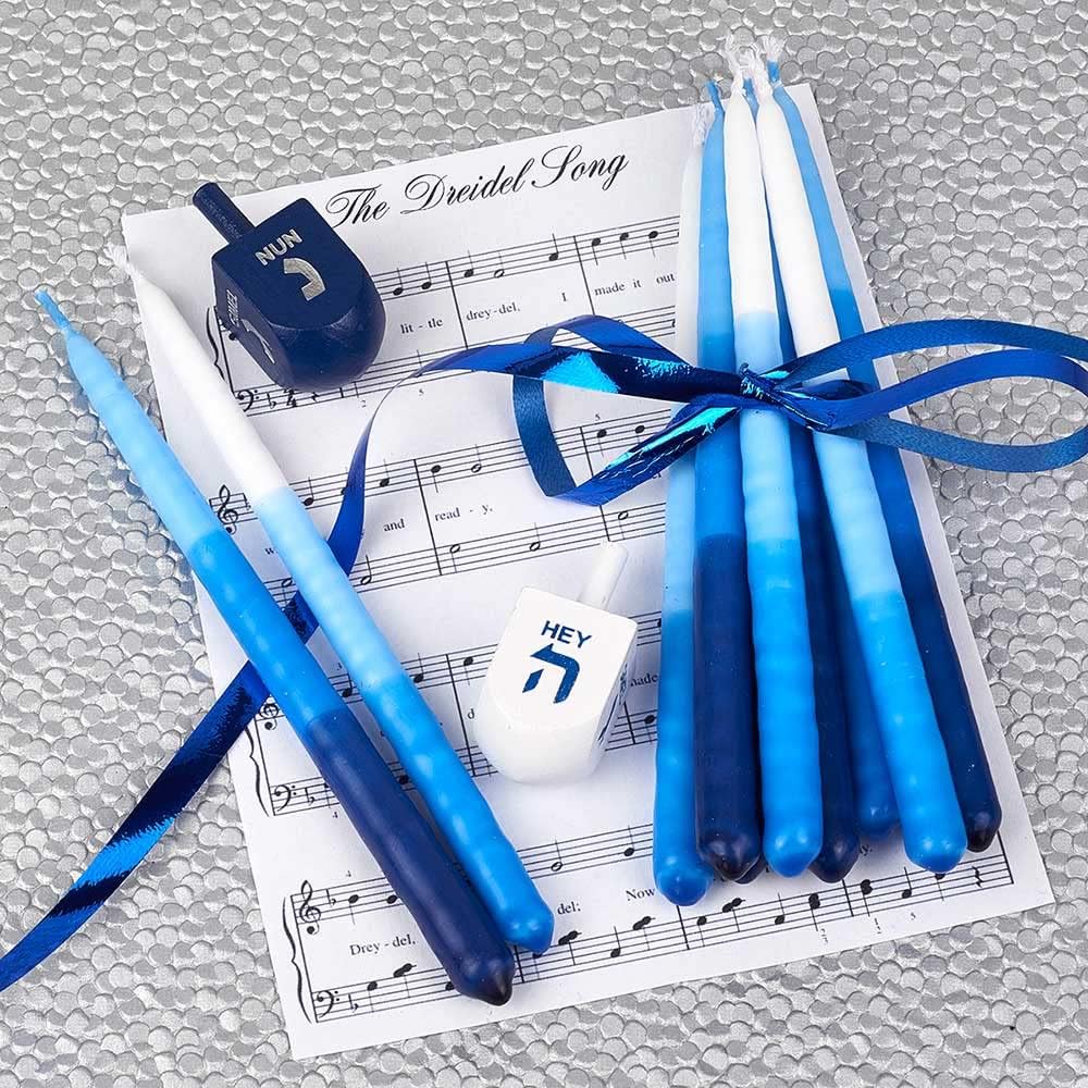 Hanukkah Candles for Menorah Box of 45 Tri-Color Blue Tapered Ribbed Style Quality Wax with Prayer Card & DIY Dreidel - Fits Standard Menorahs – Enough for All 8 Nights - by Zion Judaica