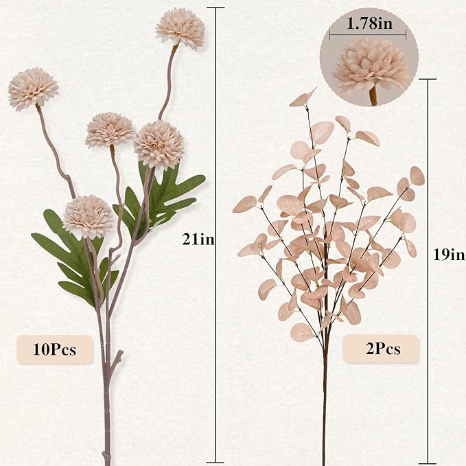Waipfaru 10pcs Fake Silk Pompon Mum Artificial Flowers, Bulk Faux Mini Chrysanthemums with 2pcs Eucalyptus Stems, for Centerpieces Wedding Fillers Champagne Arrangements Boho Decor, No vase, Beige
