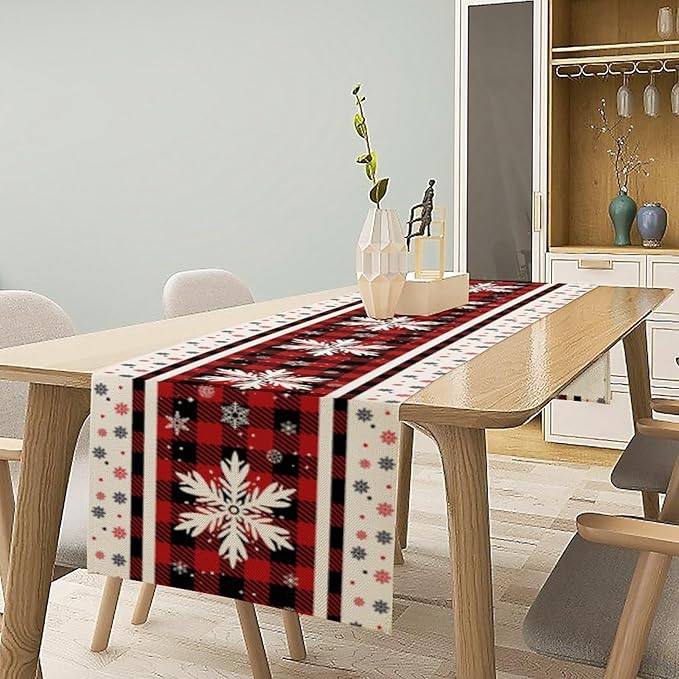 Snowflakes Christmas Table Runner,Red Buffalo Plaid Seasonal Winter Kitchen Dining Table Decoration for Home Party Decor 13x36 Inch