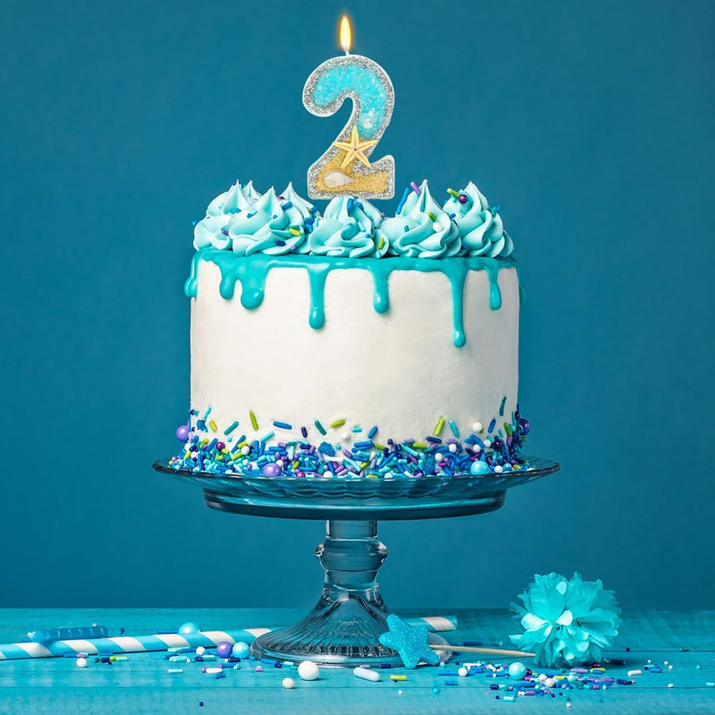 2nd Birthday Candle for Cake, Beach Starfish Sequins Candles, 2.76 inch Cake Topper Decoration for Birthday Party (Number 2)
