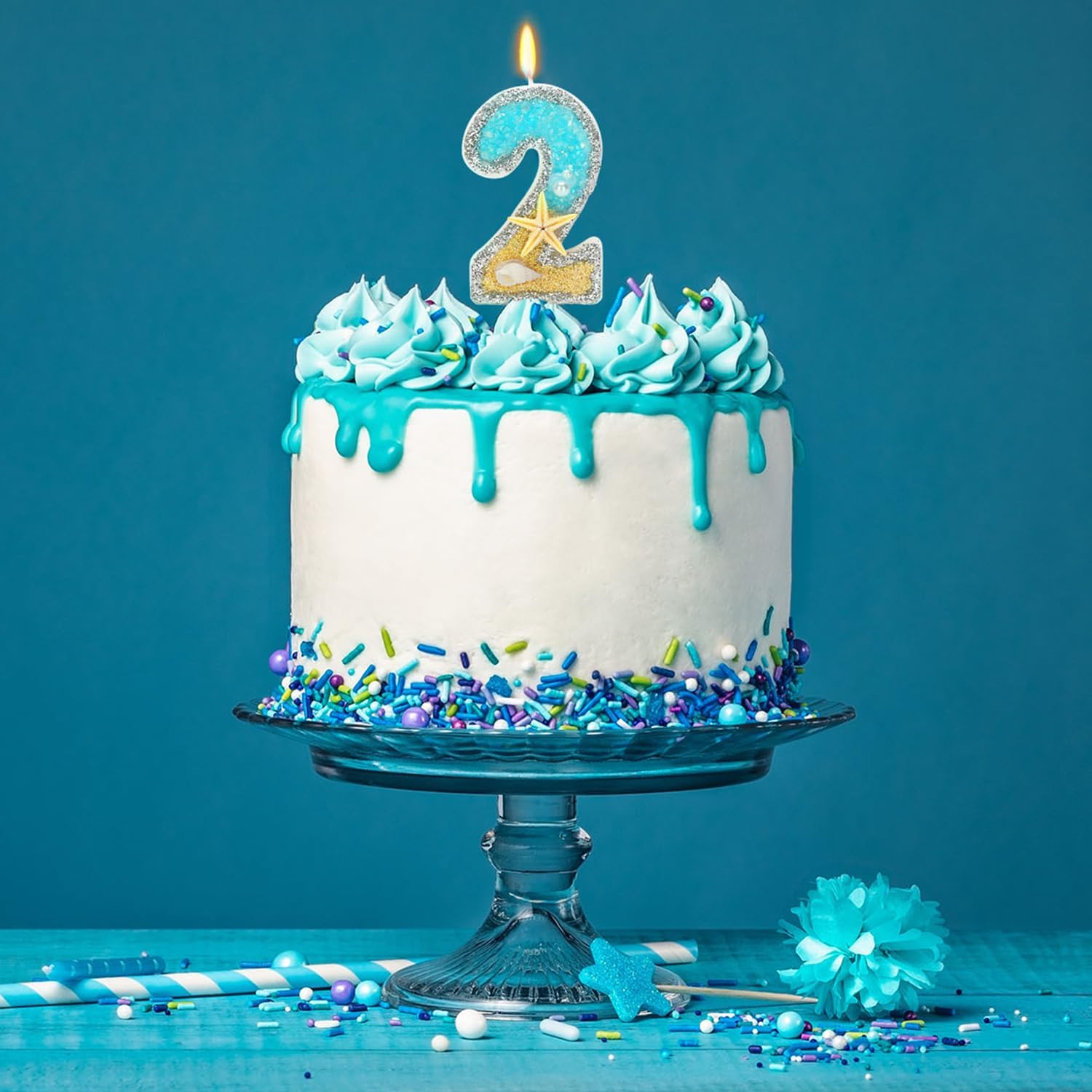 2nd Birthday Candle for Cake, Beach Starfish Sequins Candles, 2.76 inch Cake Topper Decoration for Birthday Party (Number 2)