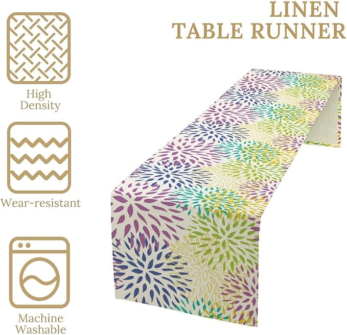 Purple Flowers Table Runner, Chrysanthemum Dahlia Vintage Modern Colorful Spring Summer Elegant Table Runner for Party Kitchen Dining Living Room Laundry Room Decor, 13x60 Inch