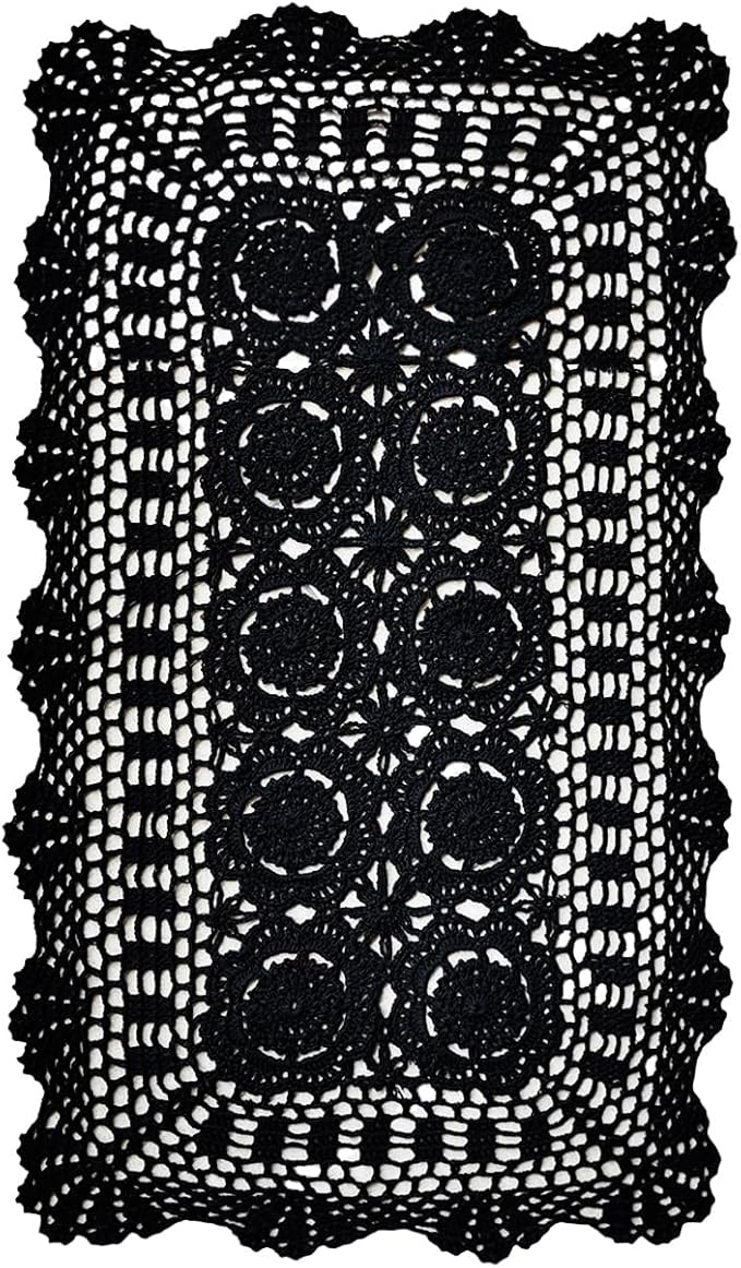 Phantomon Lace Table Runner Rectangular Table Cover Cloth Handmade Crochet Floral Placemats 100% Cotton (Floral Black, 15x28Inch)