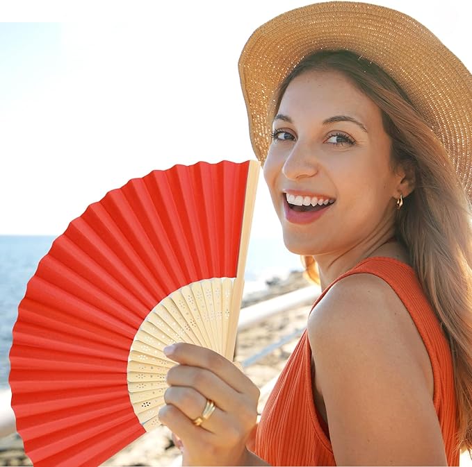 12 Pieces Red Hand Held Bamboo Folding Fans Paper Fans Handheld for Women Foldable Girls Wedding DIY Decoration Church Home Party Favors Summer