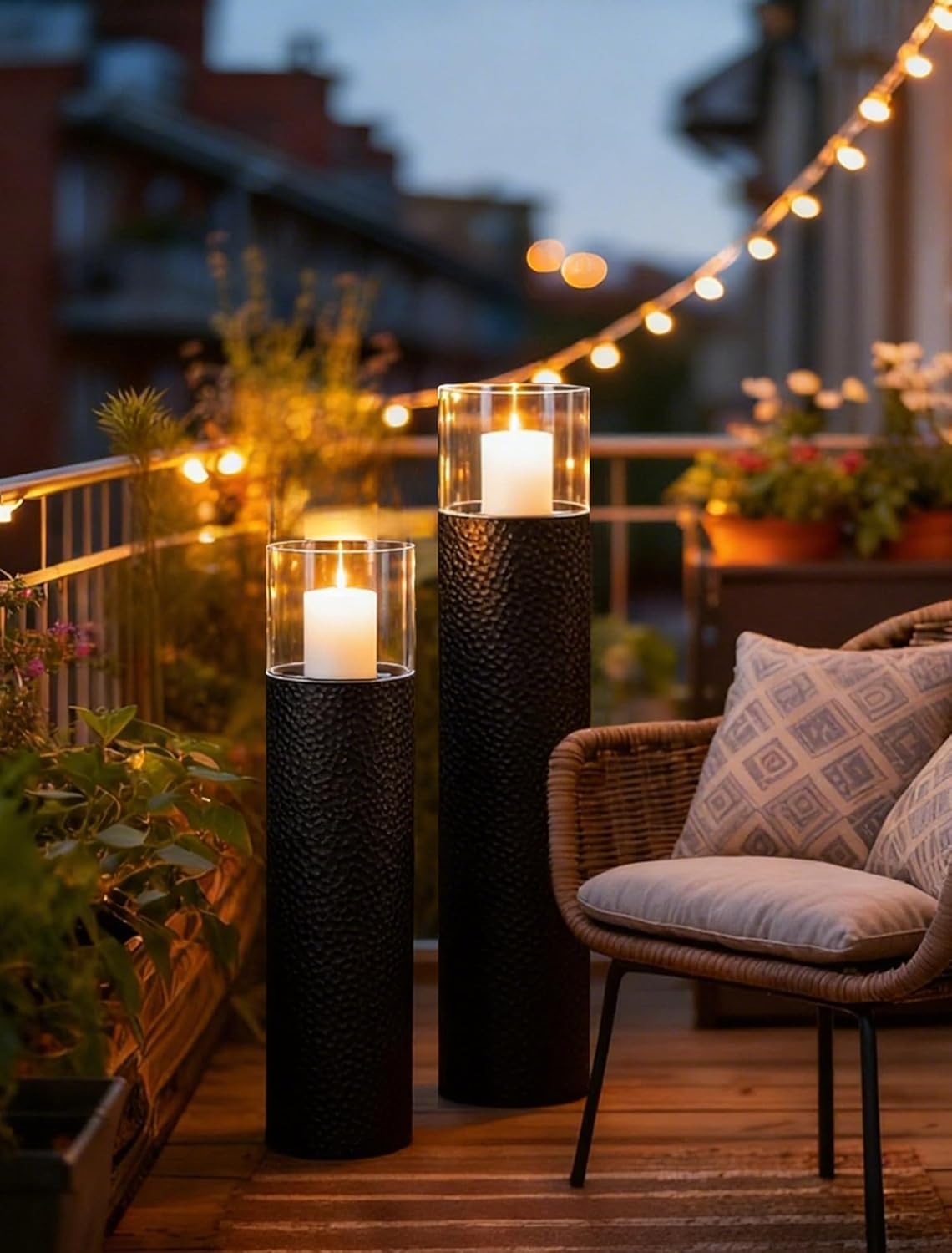 Sziqiqi Tall Floor Candle Holders: 34/27 inch Hurricane Pillar Candleholders Set of 2 for Home Decor - Large Black Cylinder Candle Stand for Outdoor Porch Living Room Fireplace