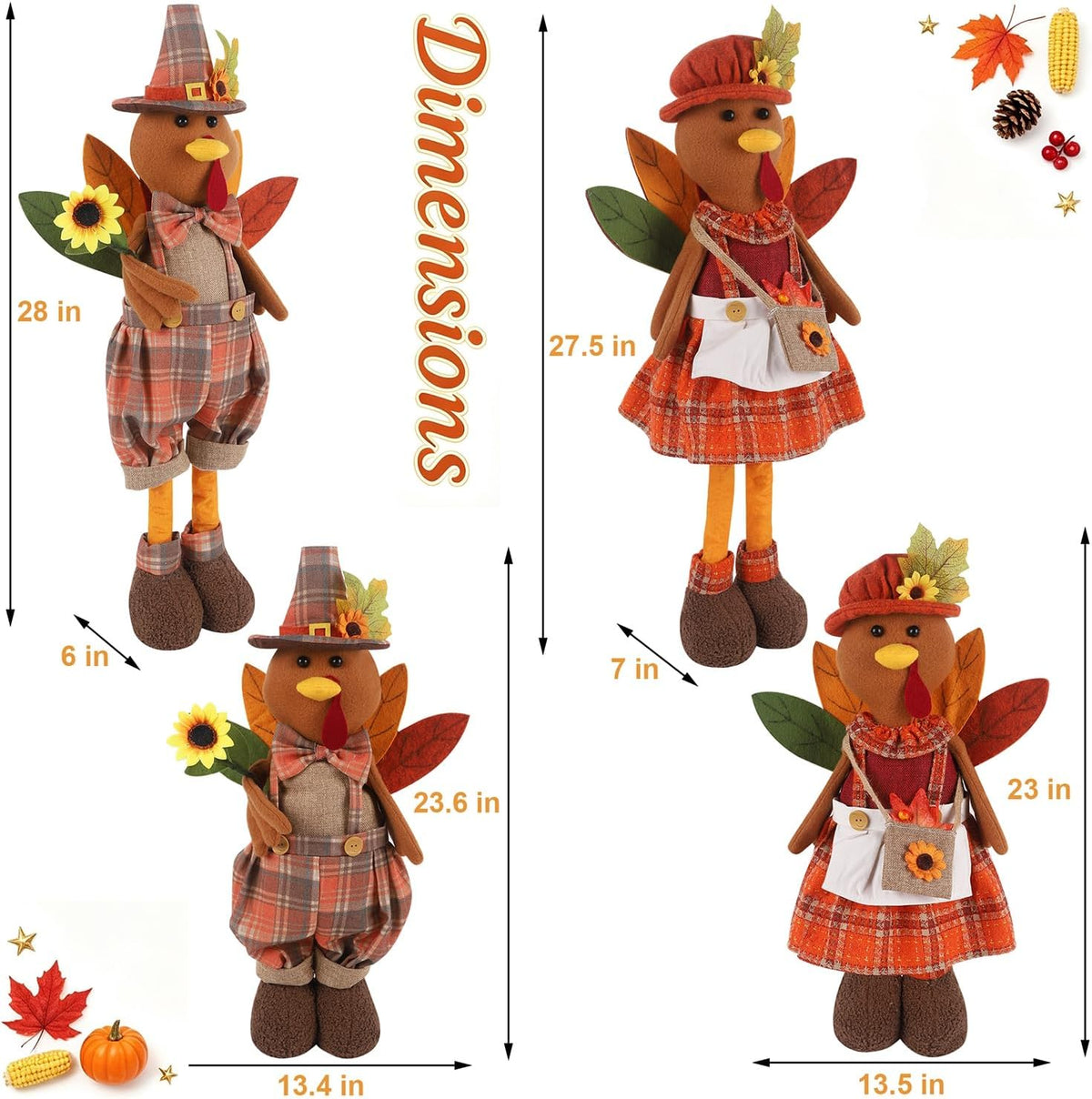 2 Pack Standing Thanksgiving Turkey Couple with Stretchable Legs 23" to ...