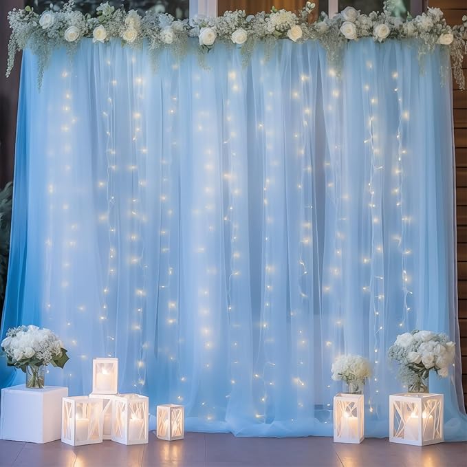 20×10ft Blue Tulle Backdrop Curtain with Lights String for Parties, Sheer Photo Backdrop Curtains for Wedding Party Photography Background