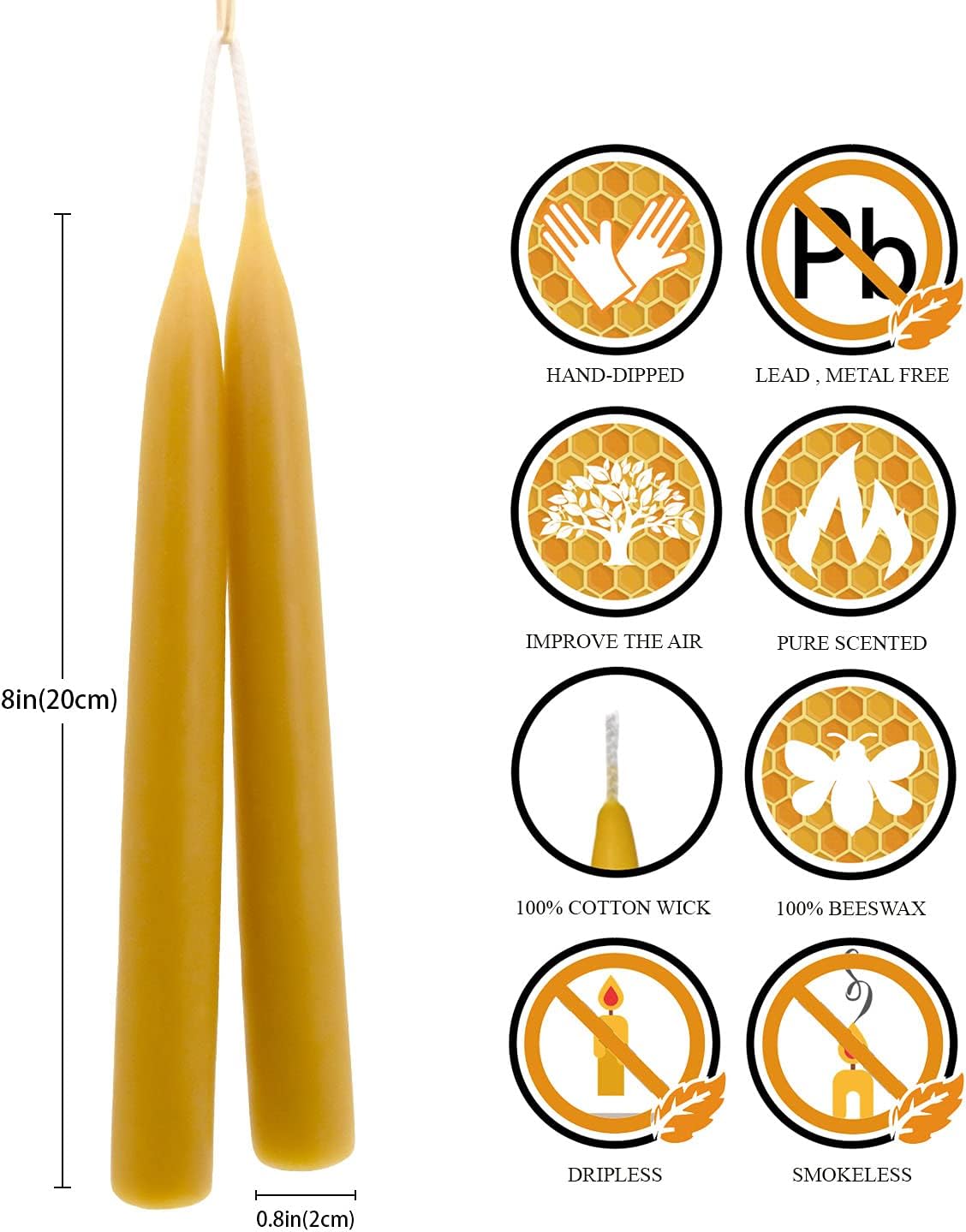 8 inch Natural Beeswax Taper Candles Set of 6, DEYBBY Smokeless and Dripless Organic Natural Beeswax Candles for Home Dinner Decor Emergency Housewarming Gift, Long Lasting Burning, Nontoxic
