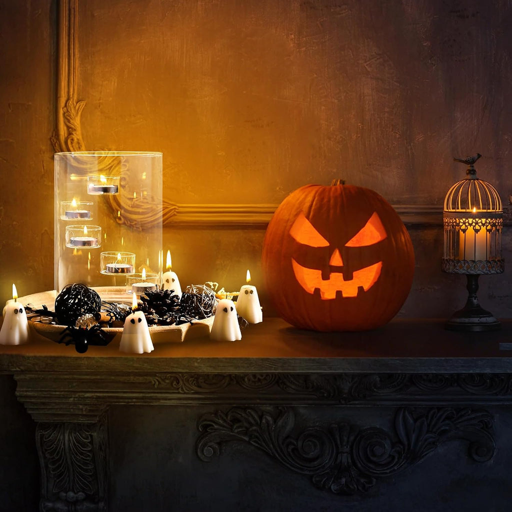 Reallnaive Halloween Glass Hurricane Candle Holder with Candles and Tea Light Clear Cylinder Pillar Candle Holder for Halloween Table Centerpiece Decorations (13 Candles,Single Style)