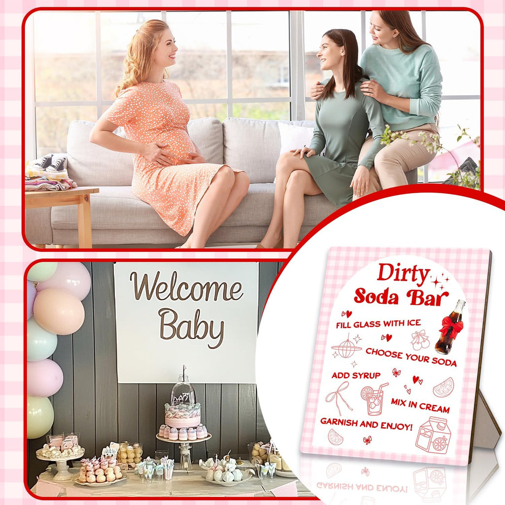 Dirty Soda Bar Sign for Baby Shower, She's Ready To Pop Wooden Menu and Recipe Board, 8x10 Inch Pink Tabletop Welcome Sign, Beverage Setup Decor for Gender Reveal or Wedding Party