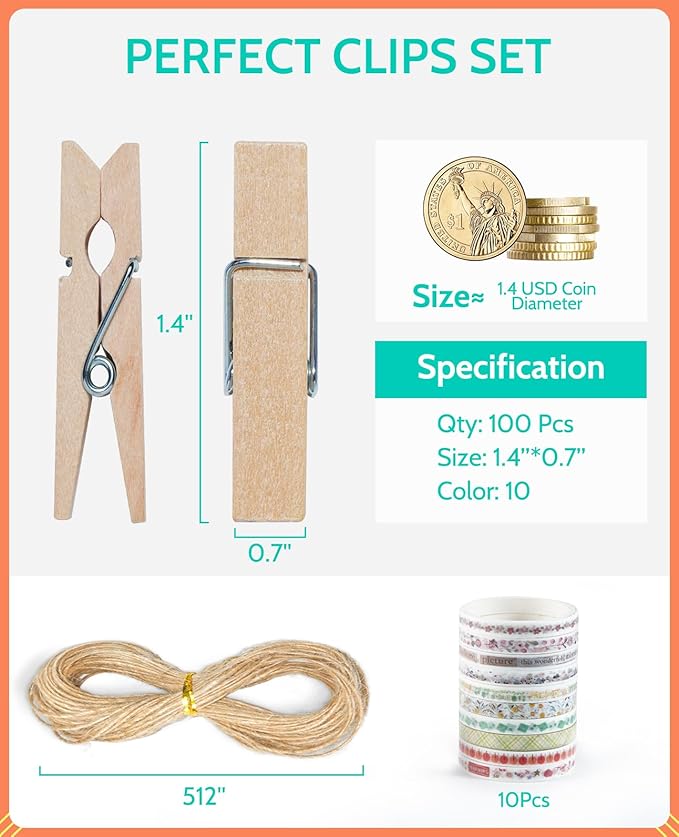 Mini Clothespins, Sopito 100 Pcs 1.4'' Strong Wooden Mini Clips for Photos with 10 Pcs Washi Tapes and 43 Ft Jute Twine, Colorful Small Clothes Pin for Picture, Crafts, Baby Shower