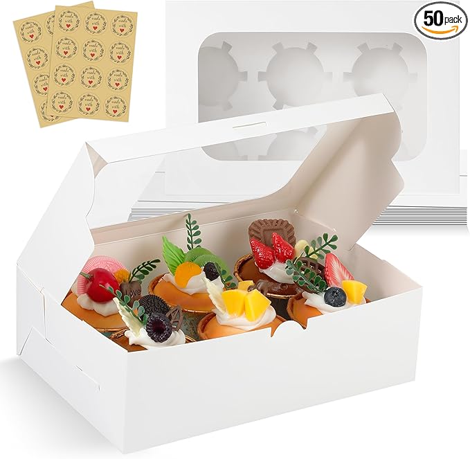 White Cupcake Boxes Holds 6 Standard Cupcake Container,50 Packs,Pastry and Bakery,9.4x6.1x3.14Inches Cookie Boxes with Window and Six Treat Holder for Birthday Holiday Party Bakery