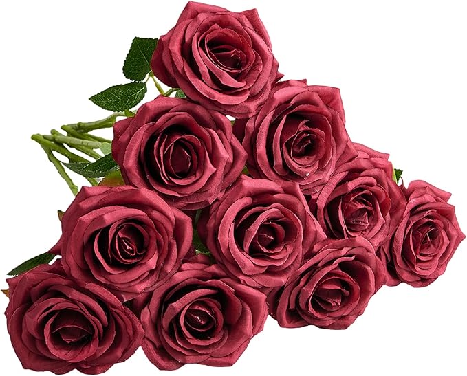 Artificial Rose 10pcs Open Flower Bouquet Faux Rose Stems for Wedding Arrangement, Bridal Bouquet, Centerpiece, Fake Faux Silk Flowers (Wine Red)