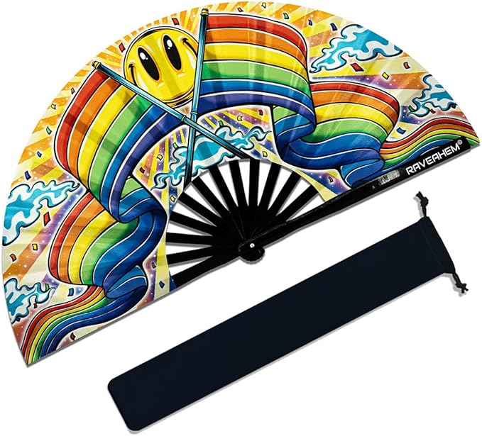 13" Large Rave Fan Bamboo, Folding Clack Hand Fans Foldable for Men Women, Boots on the Ground Poping Fan for EDM Festival Line Dance Decoration, (Rainbow, Large 13")