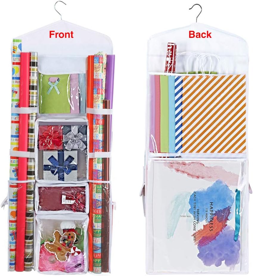 Wrapping Paper Storage Hanging Over the Door Gift Wrap Organizer Double Sided Front and Back Pockets Store Gift Wrap Gift Bags Ribbon Bows Accessories 40”x17” Fits Long 40 Inch Rolls (White)